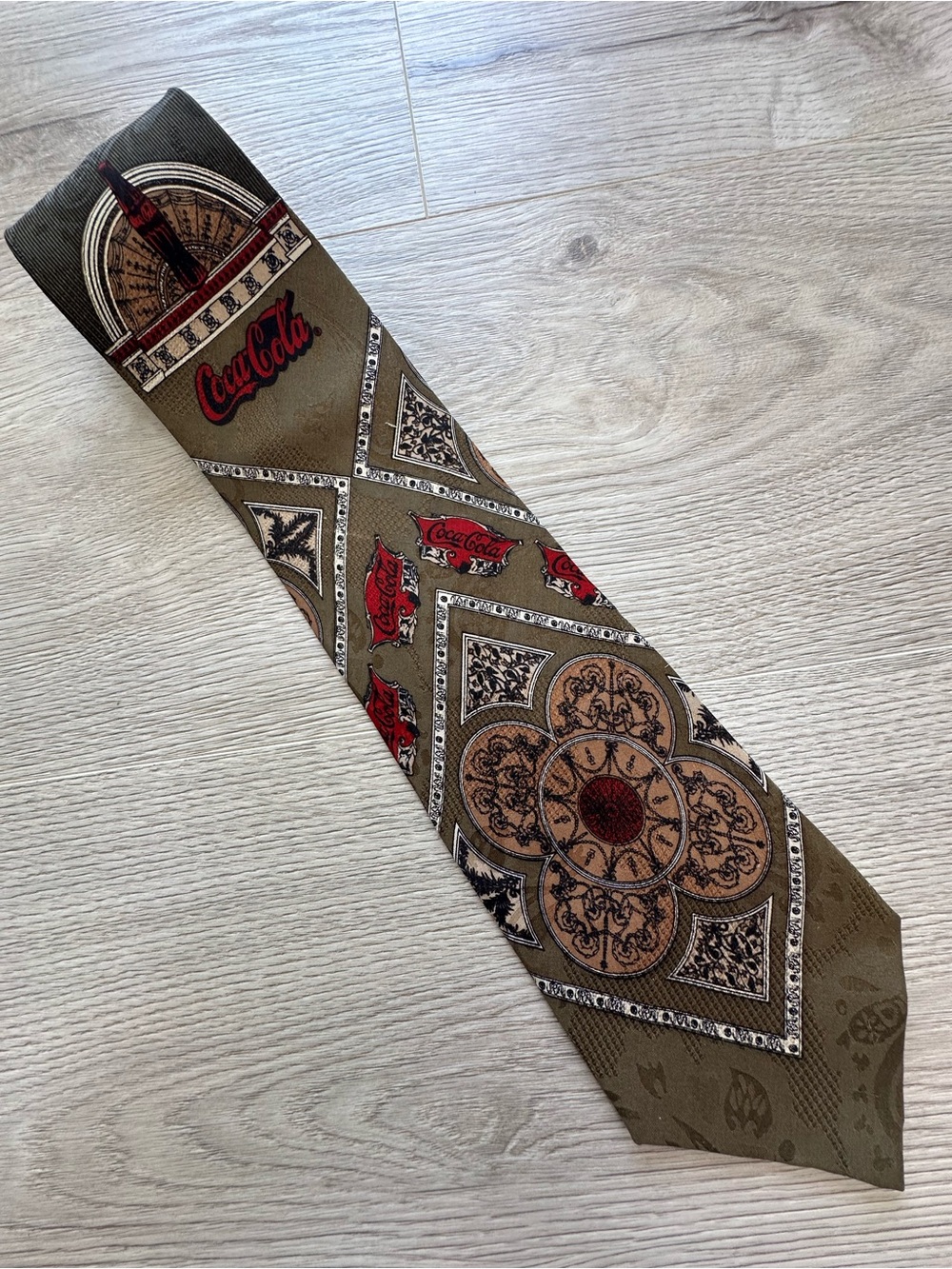 Coca Cola Olive Green Silk Tie with Red Logo Accents